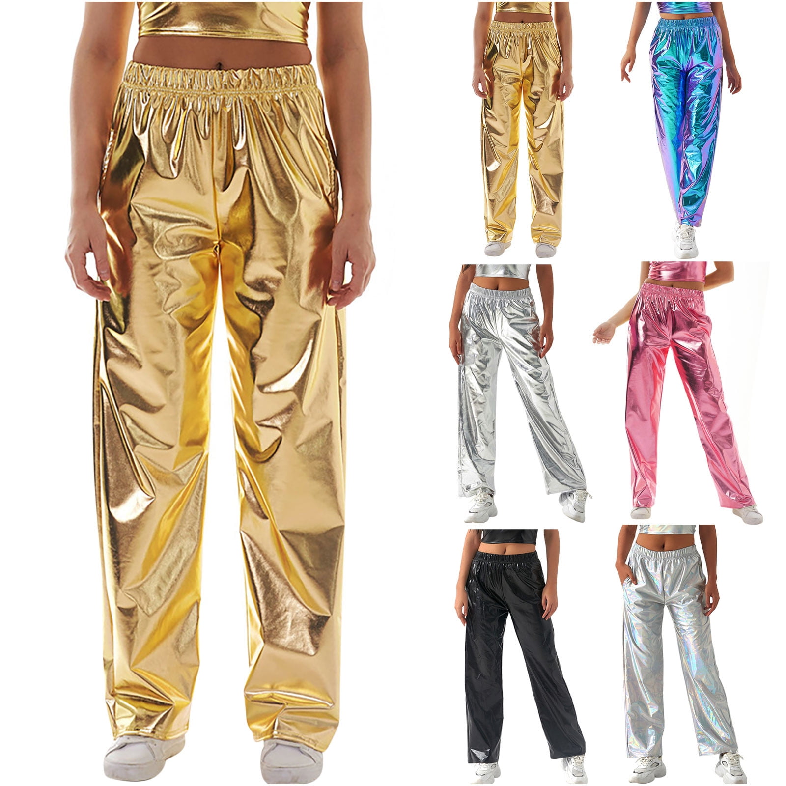 Metallic Shiny Pants for Womens Vintage 70s 80s Disco Party Dance Straight  Leg Trousers Festival Rave Leather Pants, A01_pink, Small : :  Clothing, Shoes & Accessories