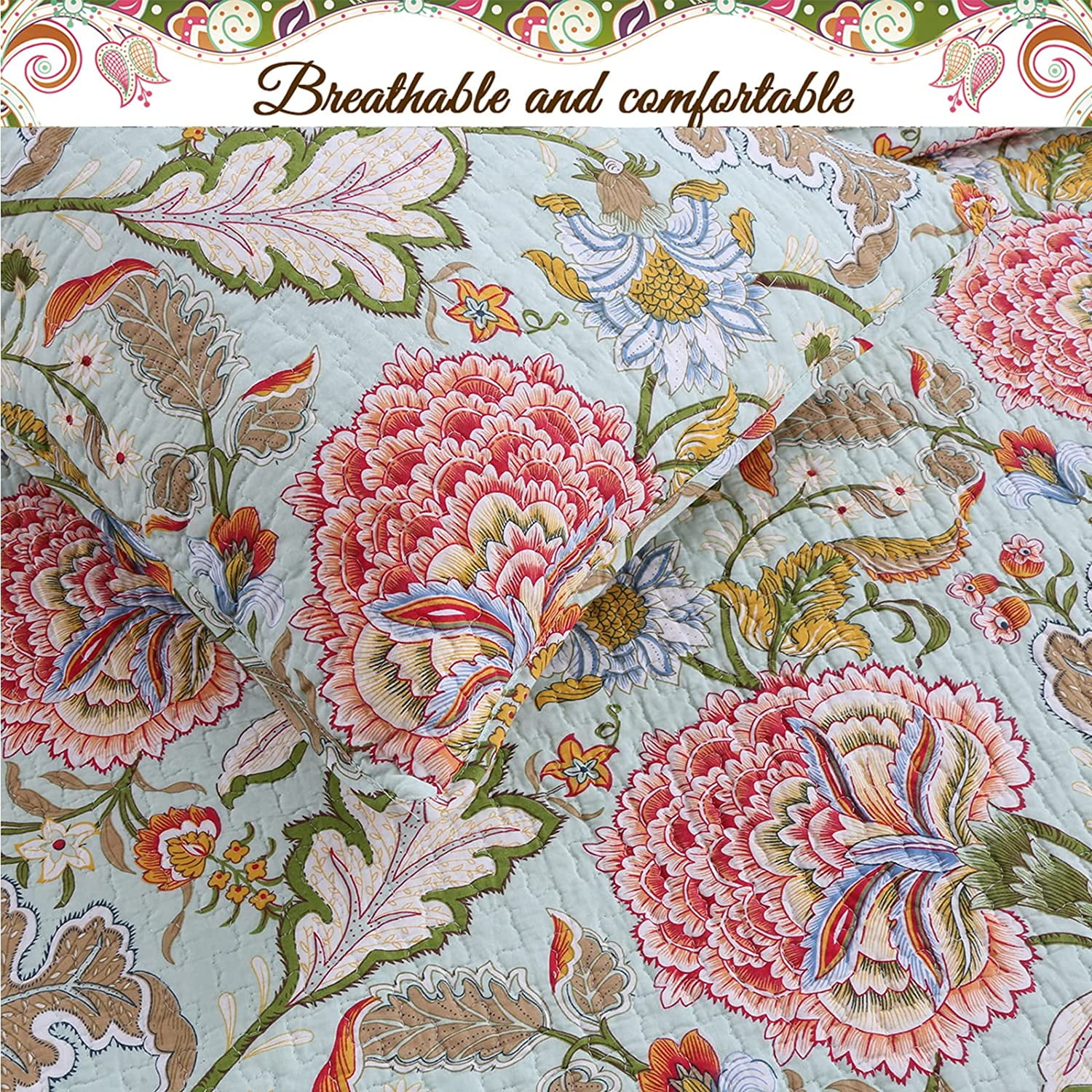 Cozy Line Aregada Floral Cotton 3-piece Reversible Quilt Bedding Set King French Country, Cottage Green