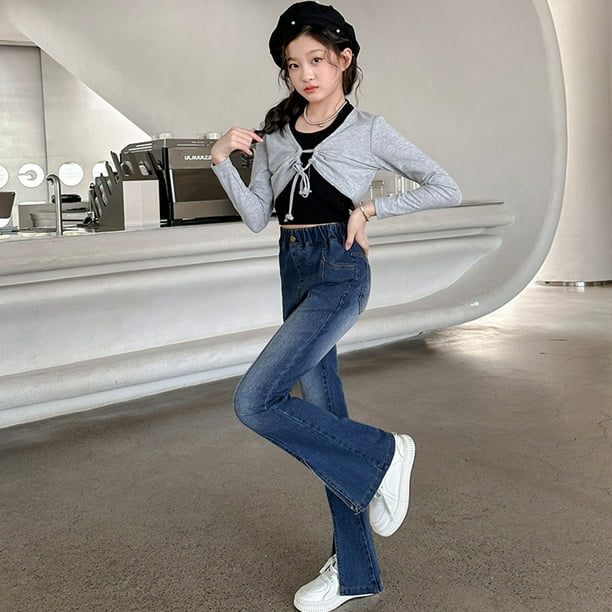 WILLBEST Jeans Mujer Pantalones Vaqueros Acampanados Con Bordado de Lazo para Niñas, Cintura Elástica, Cómodos, para Niñas Pequeñas y Adolescentes, Pantalones Largos Casuales de Verano 5-6 Years