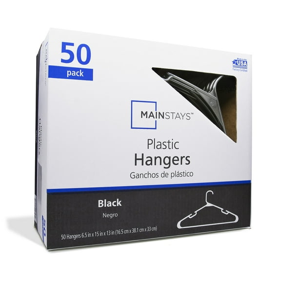Mainstays Plastic Clothes Hangers, Black, 50-Count, Lightweight & Durable for Everyday Use