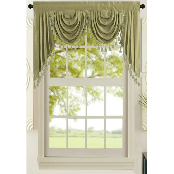 All American Collection New Attached Solid Faux Silk Double Waterfall Valance With Tails Green, White Waterfall Valances Curtains