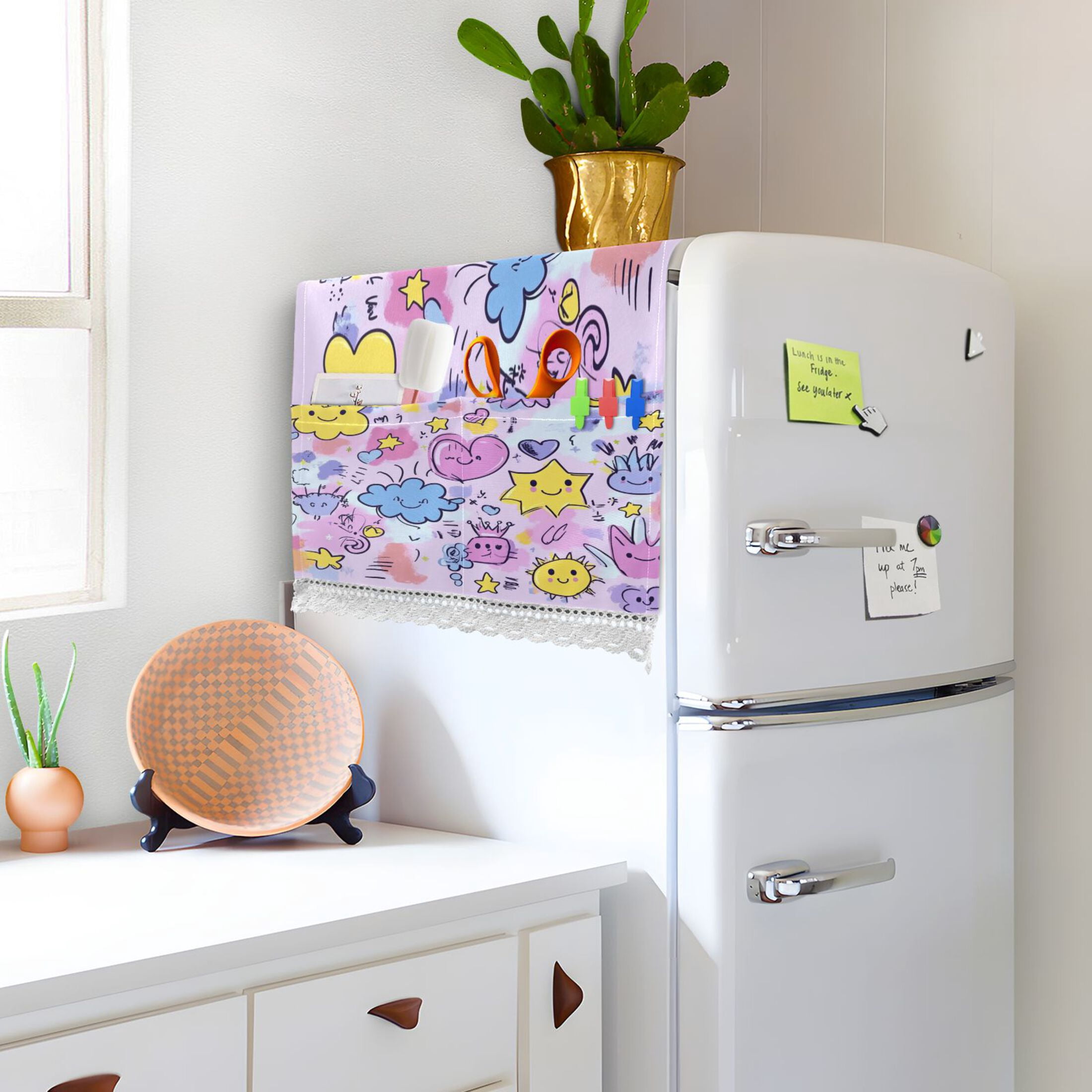 Washing Machine Cover 51.2x22in, Durable Polyester Dust Cover with Lace Trim and Side Pocket for Appliances Graffiti Elements Pattern