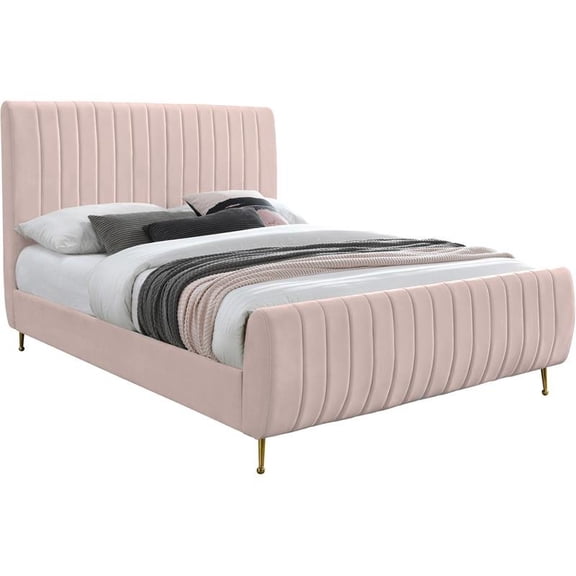 Meridian Furniture Zara Contemporary Queen Bed with Gold Legs and Slats, Pink Velvet