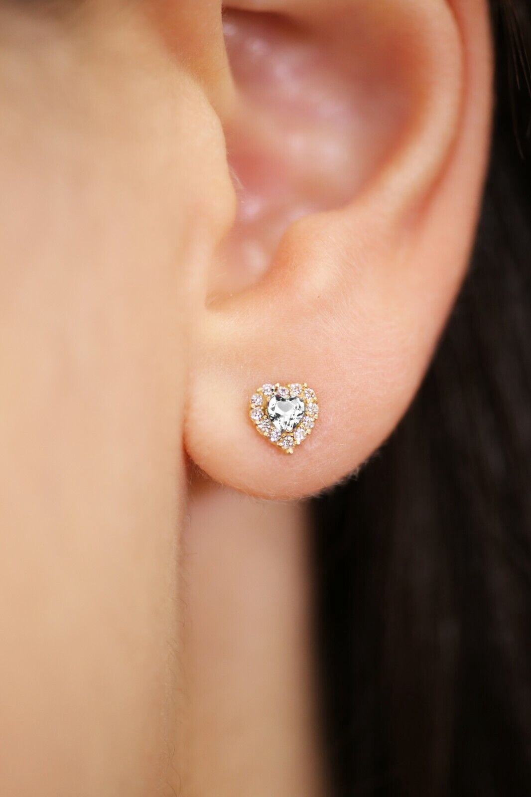 Tilo Jewelry 14K Yellow Gold Tiny Heart Halo Stud Post Earrings with Cubic Zirconia CZ Birthstone | Secure Screw-backs | April | Women & Unisex