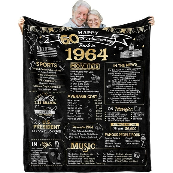 60th Anniversary Blanket Gifts Gift for 60th diamond Wedding Anniversary Sixty Years of Marriage Gifts for Couple Wife Husband Dad Mom Parents Grandpa Grandma Grandparents Back in 1964 Blanket 60x50
