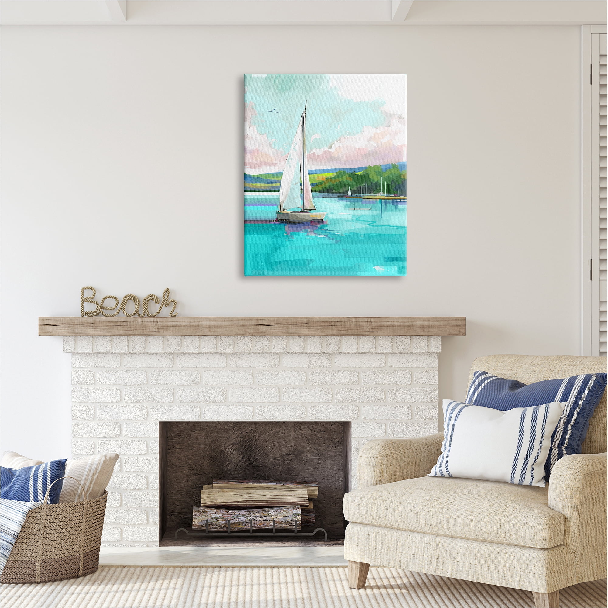 Stupell Industries Sailboat in Coastal Marina Transportation Painting Gallery Wrapped Canvas Art Print Wall Art, 30 x 40