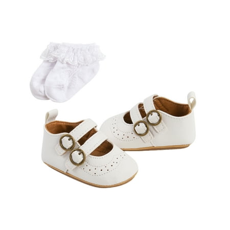 

SUNSIOM Newborn Baby Girls Mary Jane Flats PU Leather Princess Dress Socks Boots Double Buckle Straps
