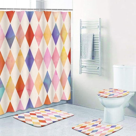 4 Pcs Shower Curtain Set with 12 Hooks, Vintage Retro Blue Geometric, Bathroom Decor Cute Pink Nursery Dot Bathing with Non-Slip Rugs Toilet Lid Cover Bath Mat 72"x72"