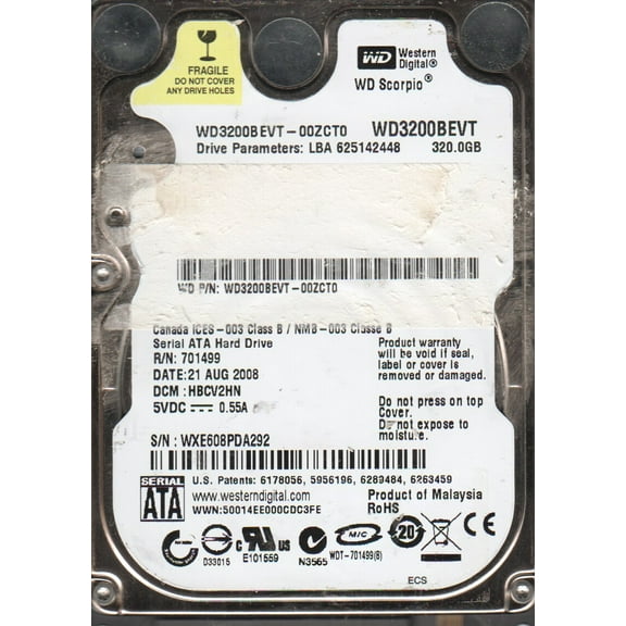 WD3200BEVT-00ZCT0, DCM HBCV2HN, Western Digital 320GB SATA 2.5 Hard Drive