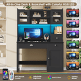 thumbnail image 4 of Homfa Executive Desk with Hutch & Power Outlets & LED Lights, Wood Writing Study Table, Home Office Computer Desk with Adjustable Shelves and Drawers, Black, 4 of 7