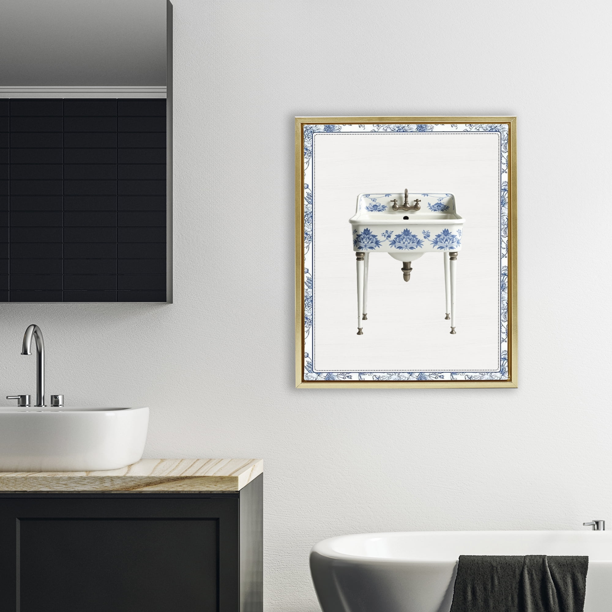 Vintage Chinoiserie Sink Gold Framed Floater Canvas Wall Art, design by Lettered and Lined