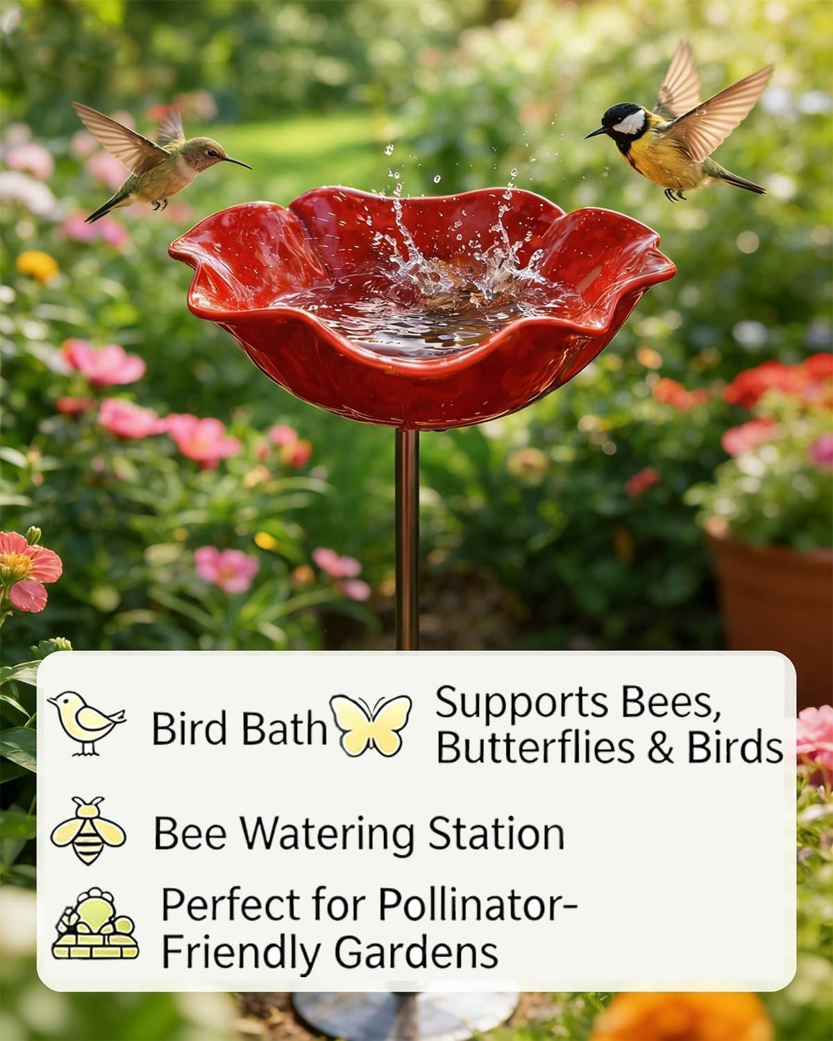 HZMSYQ 24 Inch Handmade Metal Flower Garden Stakes,Bird Bath Watering Station, Bee Bath Bowl Outdoor Yard Art for Butterfly Pollinator, Weather Resistant Garden Decor Gift