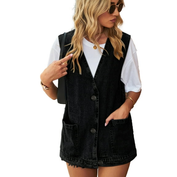 Fjuchai Womens Denim Jean Vest Button up Sleeveless Jean Jacket for Womens Washed Summer Waistcoat S-XXXL