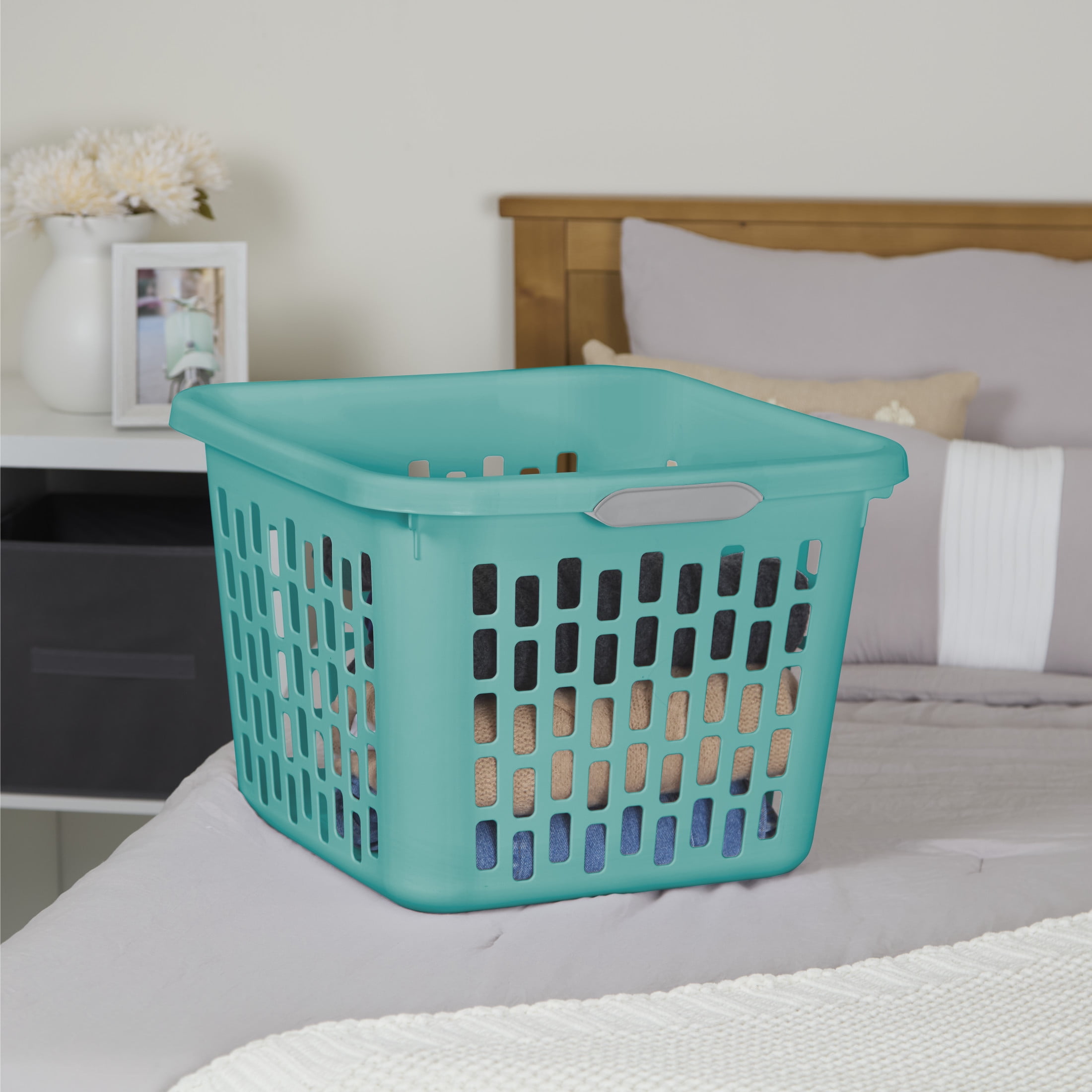 Sterilite 1.5 Bushel Square Laundry Basket, Plastic Laundry Basket with 2 Comfort Grip Handles, Teal