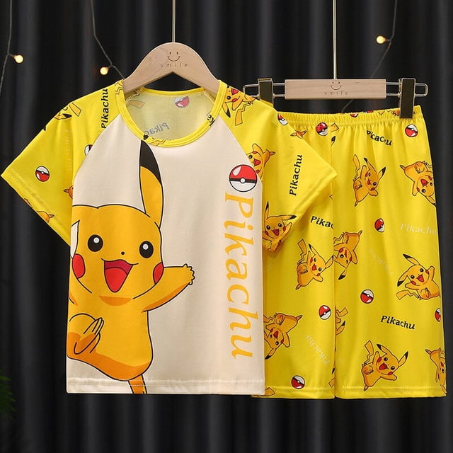 Pikachu-Conjunto de pijamas de dibujos animados para niños y niñas, ropa de dormir de manga corta, de verano qym unisex