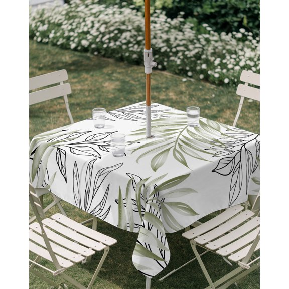 Outdoor Tablecloth with Umbrella Hole, Sage Green Branch Leaf Zippered Table Cloth for Rectangle Tables, Abstract Botanical Lines on White Washable Waterproof Tablecloths for Picnic Patio Garden