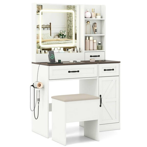 Resenkos Farmhouse Vanity Desk - Lighted Mirror, Makeup Dressing Table, Bedroom Essential - White