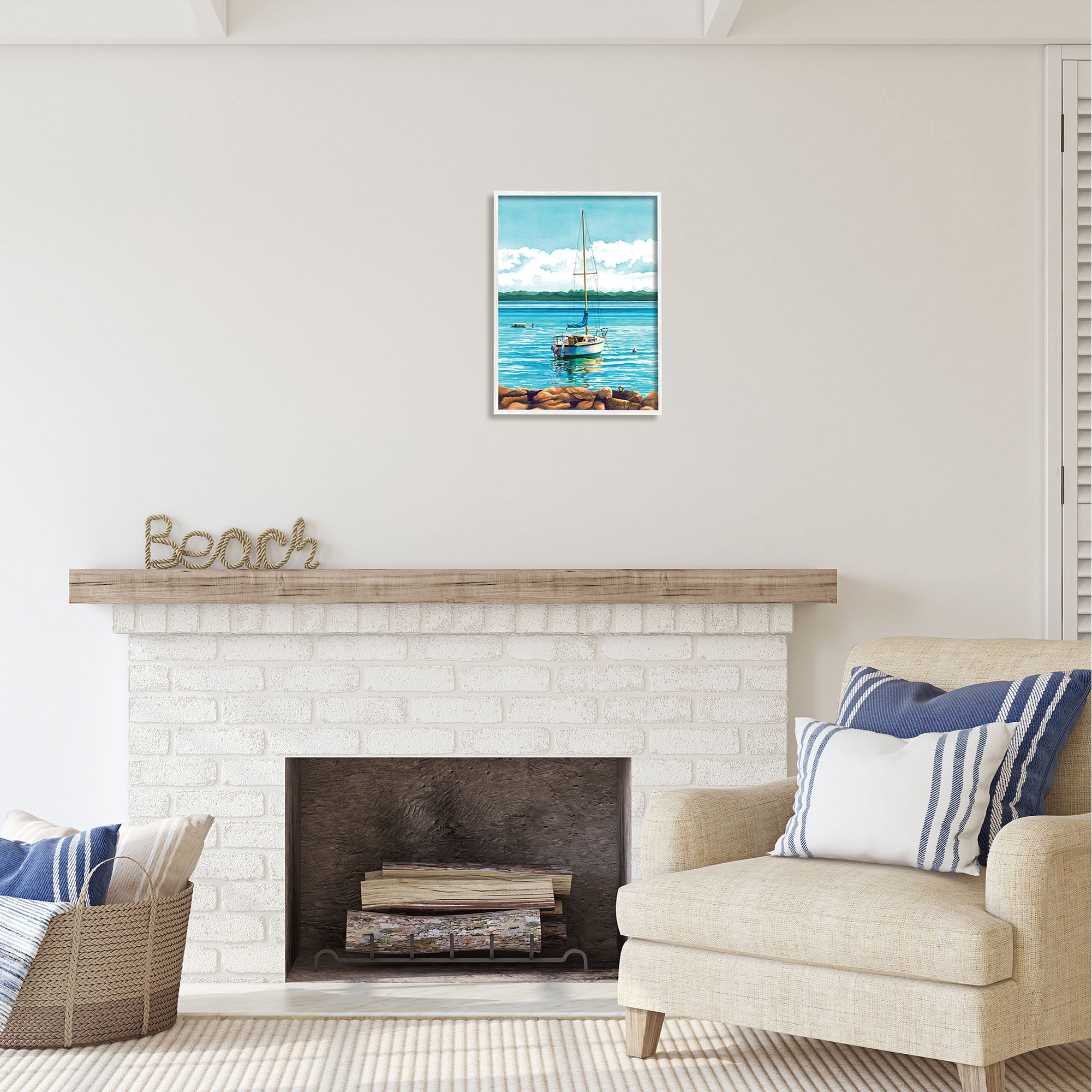 Stupell Industries Sailboat Rocky Shoreline Nature Painting White Framed Art Print Wall Art, 16 x 20