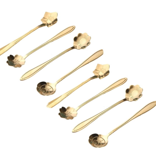 8 cucharas de té de acero inoxidable con forma de flor, cucharas de café para postre, cucharas doradas