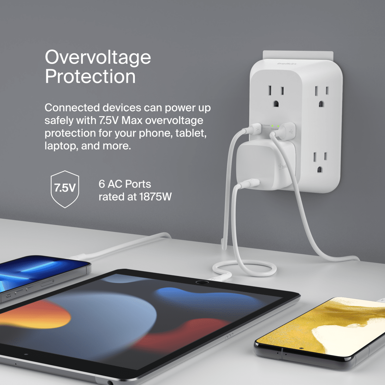 Belkin 6-Outlet Surge Protector Power Strip, Wall-Mountable with 6 AC Outlets, Overvoltage Protection, LED Indicator - USB-C Port & USB-A Port w/ USB-C PD Fast Charging - 1680 Joules of Protection