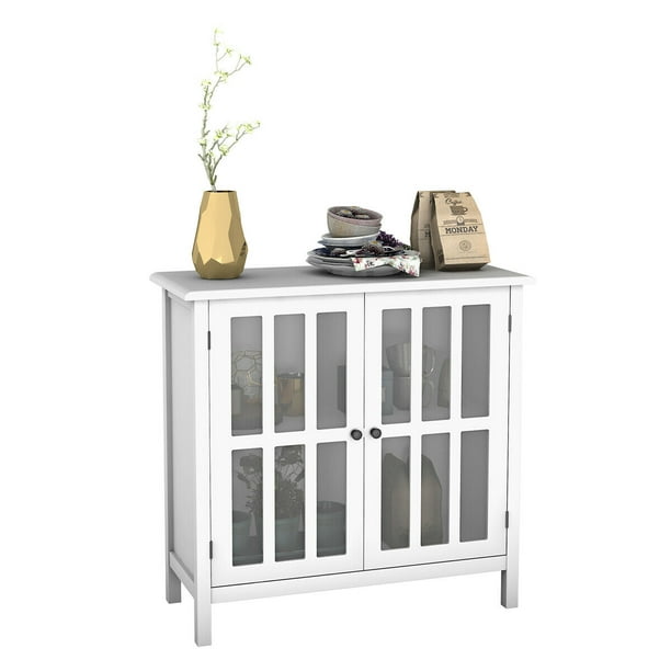 Costway Storage Buffet Cabinet Glass, White Storage Unit With Glass Doors