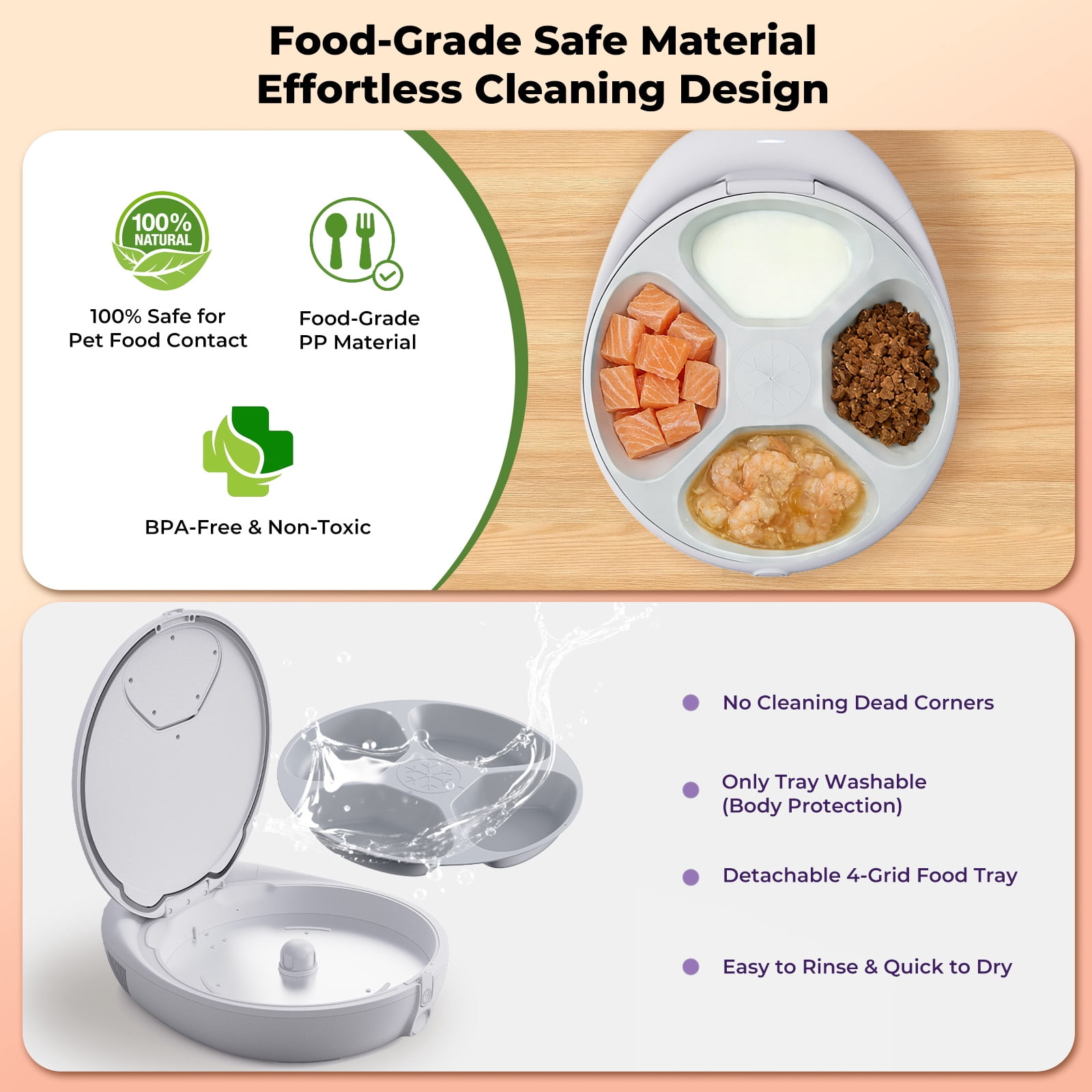 UBPET Smart Automatic Cat Feeder, App Control Dual Temp Cooling & Heating, Wet/Dry/Raw Food, 24H Fresh, 4-Grid Tray, Anti-Pinch, for Cats & Small Dogs 4.4-22 lbs