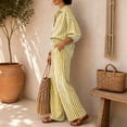 thumbnail image 5 of Womens Striped Set 2 Piece Outfits 3/4 Puff Sleeve V Neck Top and Drawstring High Waist Palazzo Pants, XL, 5 of 6