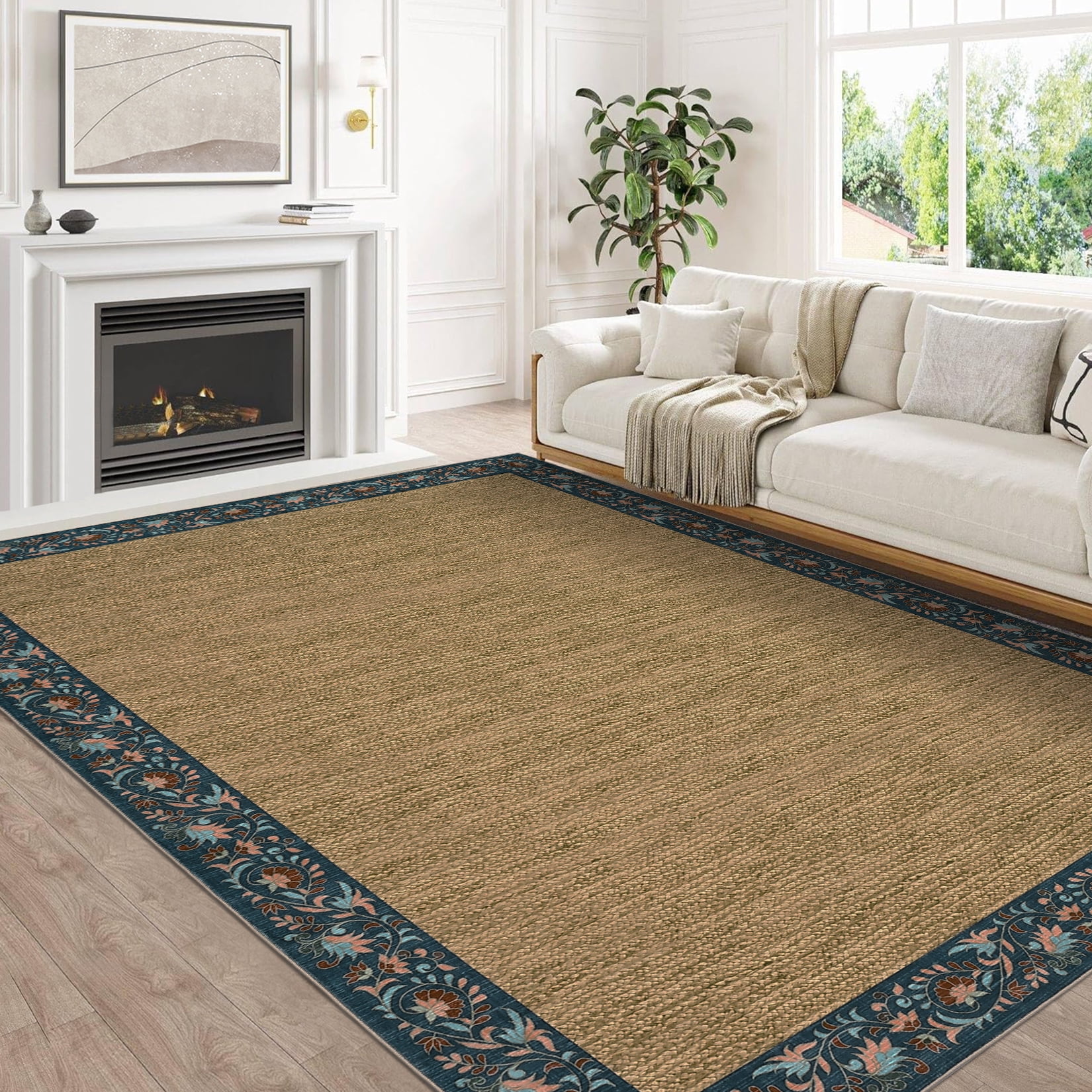 Hasoo 6' x 9' Area Rug for Living Room Washable Modern Simulated Woven Texture Floral Bordered Non Shedding Neutral Indoor Decor Carpet, Navy