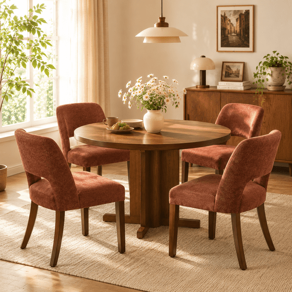 Usiant Modern Upholstered Dining Chairs Set of 4, Curved Hollow Backrest Walnut Finish Legs for Kitchen Dining Room Living Room Bedroom,Rust