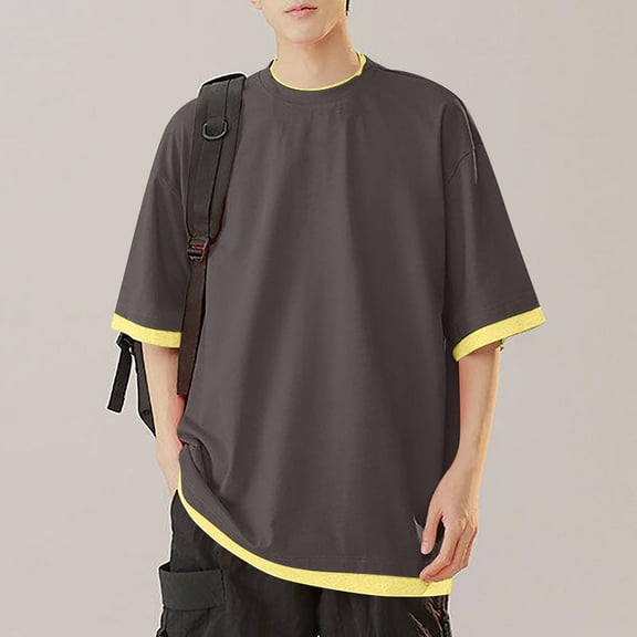 Bzhegqhd Men's Solid Color Casual Fake Two Piece Short Sleeved Round Neck Shirts