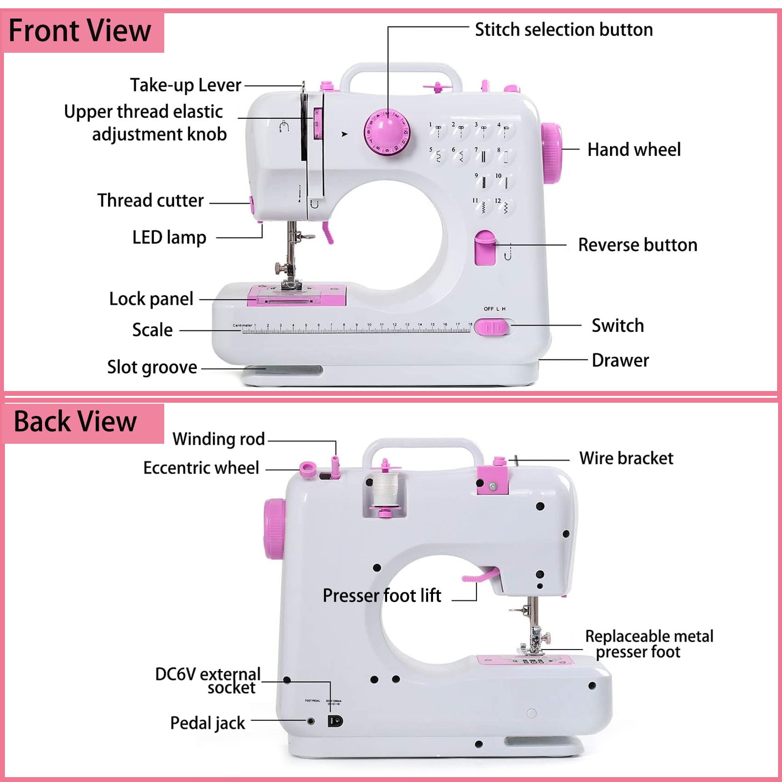 VIFERR Portable Sewing Machine, Mini Handheld Electric Sewing Machines 12 Stitches for Beginners Kids - Pink