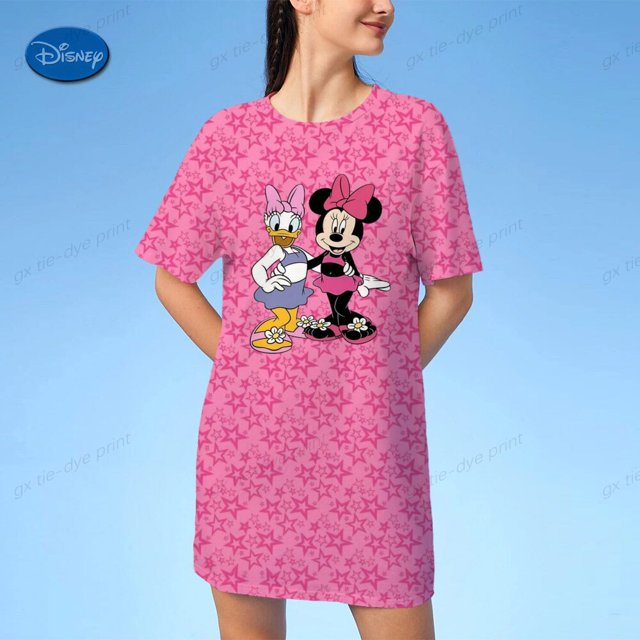 New Hot Ladies Fashion Casual Loose Midi Dress Ladies Casual Knee length Skirt Cute Disney Mickey Mouse 3D Print T Shirt DressL Gao Jinjia LED
