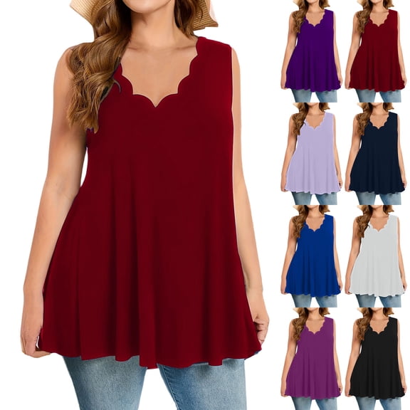 Yourumao Women's Plus Size Tank Tops with Ruffle Hem Scalloped V Neck Tunic Tanks for Summer Vacation Loose Fit Sleeveless Shirts for Travel