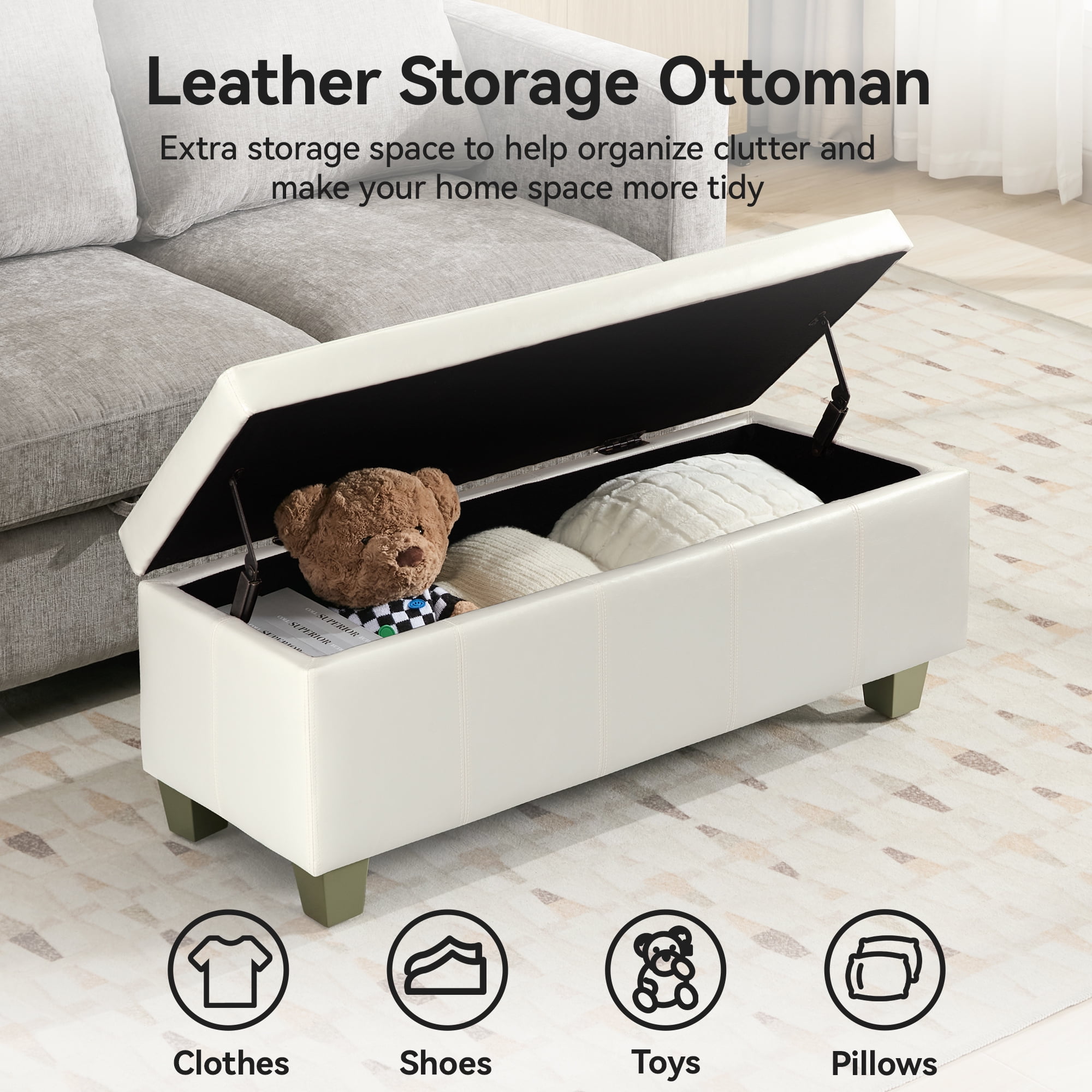 41'' Faux Leather Storage Ottoman Bench, Rectangle Upholstered End of Bed Storage Bench, Stitch Tufted Bedroom Bench with Storage, Entryway Large Storage Ottoman with Wooden Legs, White