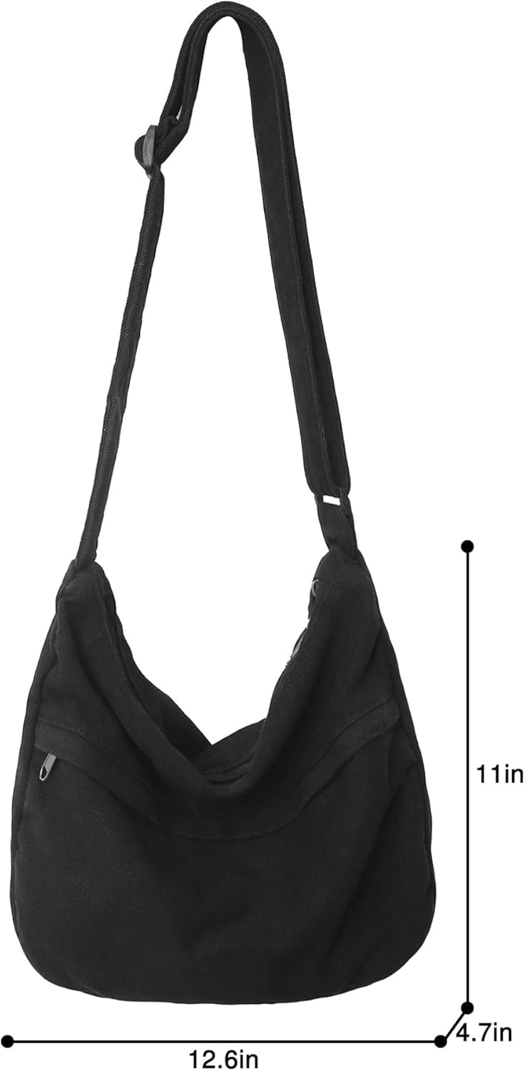 Canvas Messenger Bag Large Hobo Crossbody Bag with Zipper Casual Shoulder Tote Handbag for Women and Men