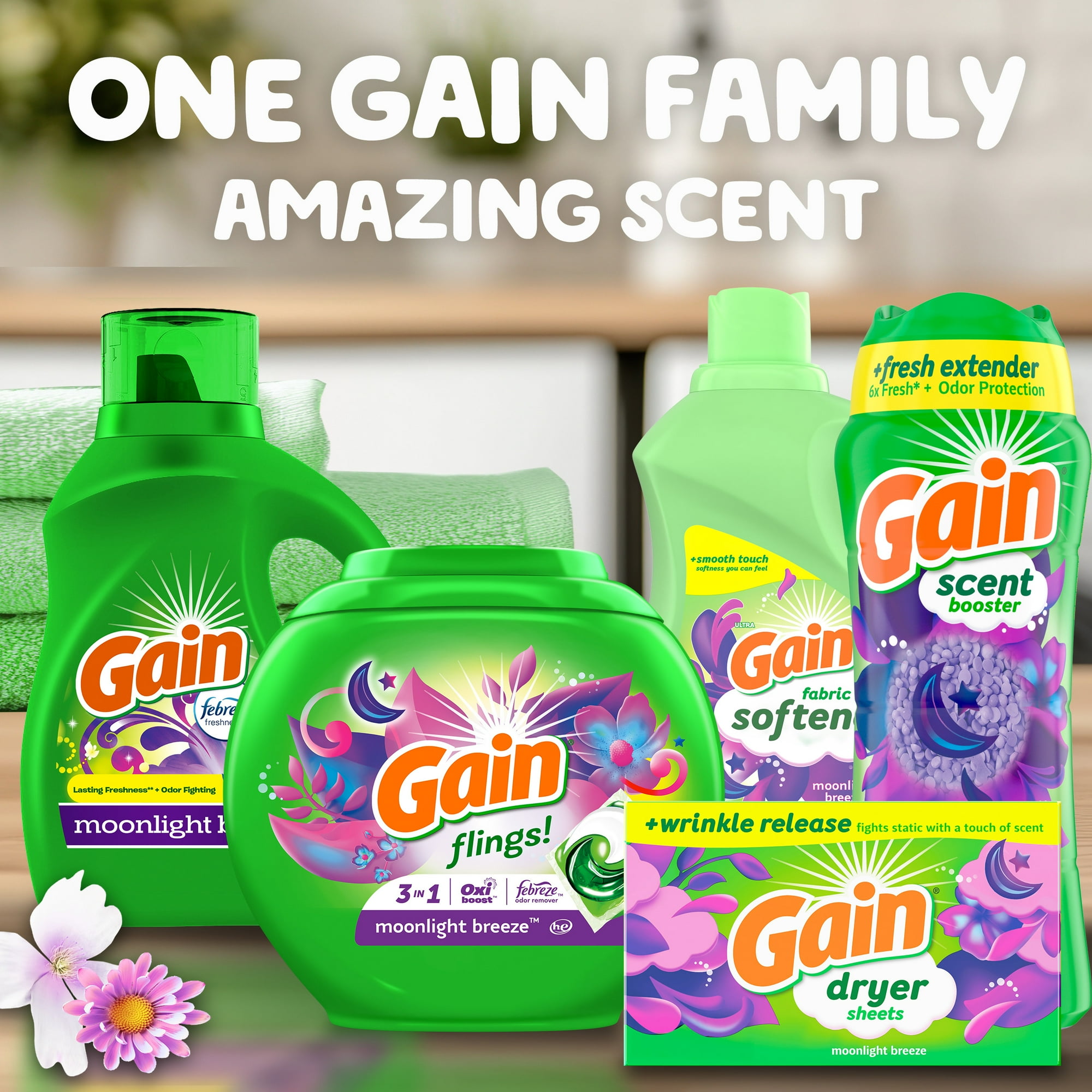 Gain Flings 3-in-1 Oxi Boost and Febreze Laundry Detergent Pacs, Moonlight Breeze Scent, 60 Count