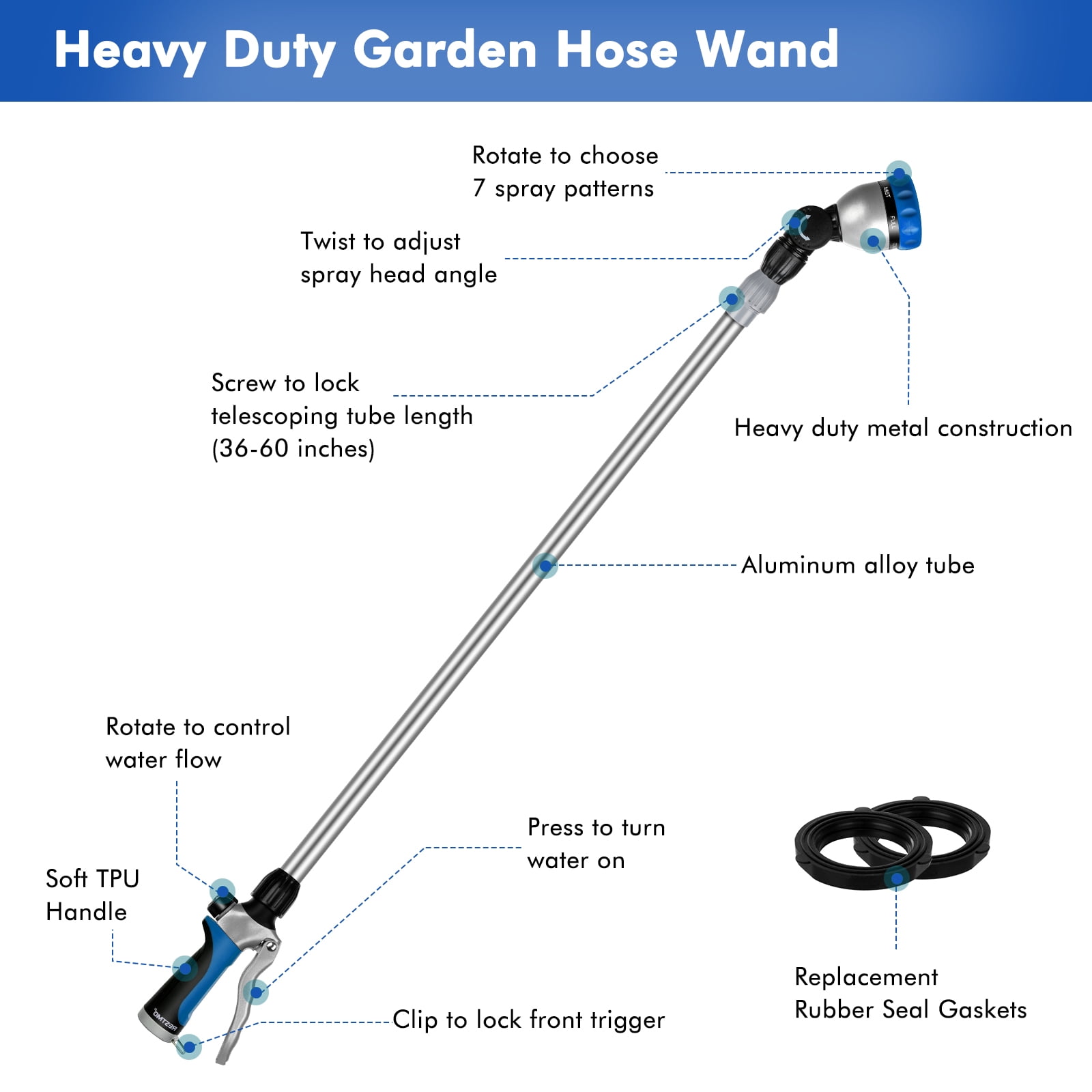 Restmo Telescopic Metal Watering Wand, 36-60 Inch Long Adjustable Tube with 180° Ratcheting Head, 7 Spray Patterns and Flow Control | Garden Hose Sprayer for Hanging Baskets, Shrubs, Lawn, Blue