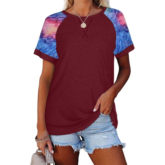 CHGBMOK Hauts Aguichant Grande Taille pour Femmes Hauts Aguichant Col Rond Imprimé Patchwork T-Shirt Blouse Été Plage en Liquidation