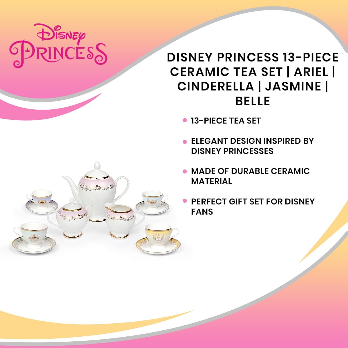 Disney Princess 13-Piece Tea Set - Jasmine, Belle, Cinderella, Ariel –  Ukonic