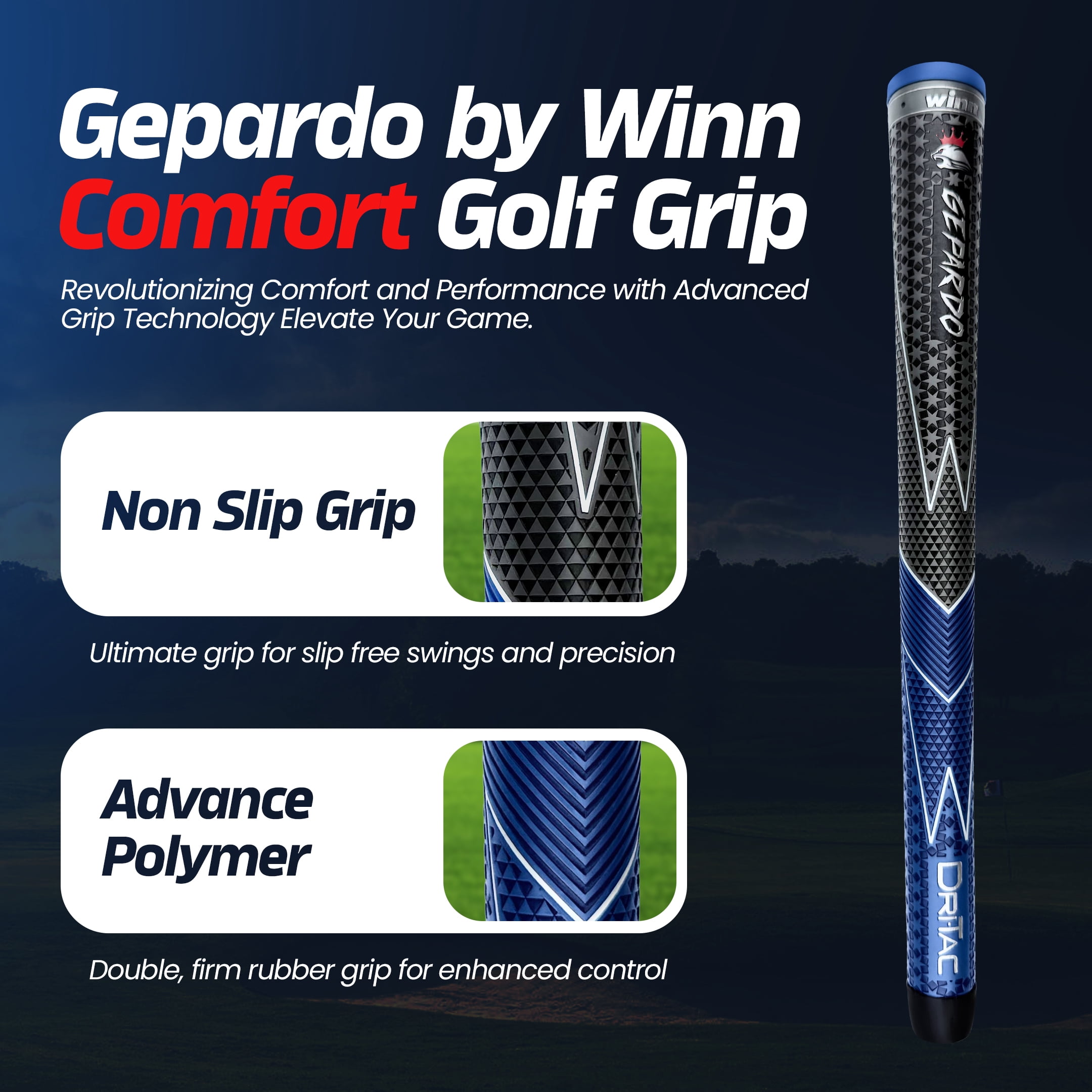 GEPARDO DRI-TAC MIDSIZE Golf Grip by Winn SET OF 13- GD-6WG-GBL, Non-Slip & Cushioned Comfort, Moisture-Wicking, Shock Absorption Benefits, AVS Tech, Hand Alignment & Lighter Grip