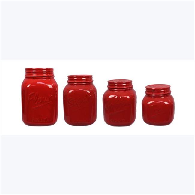 Youngs 19695 Ceramic Mason Jar Canister, Red Set of 4