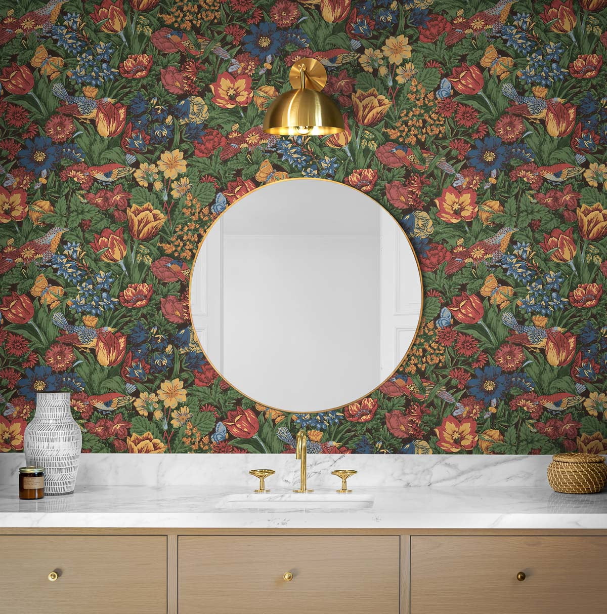NextWall  Bird Floral Peel and Stick Wallpaper 20.5 in. W x 18 ft. L - Carmine & Blue Lagoon
