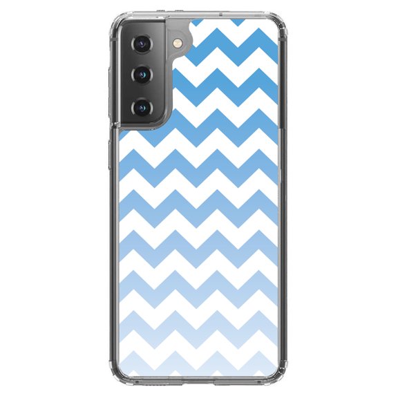 DistinctInk Clear Shockproof Hybrid Case for Galaxy S21 5G (6.2" Screen) - TPU Bumper, Acrylic Back, Tempered Glass Screen Protector - White Blue Fade Ombré Chevron Stripes