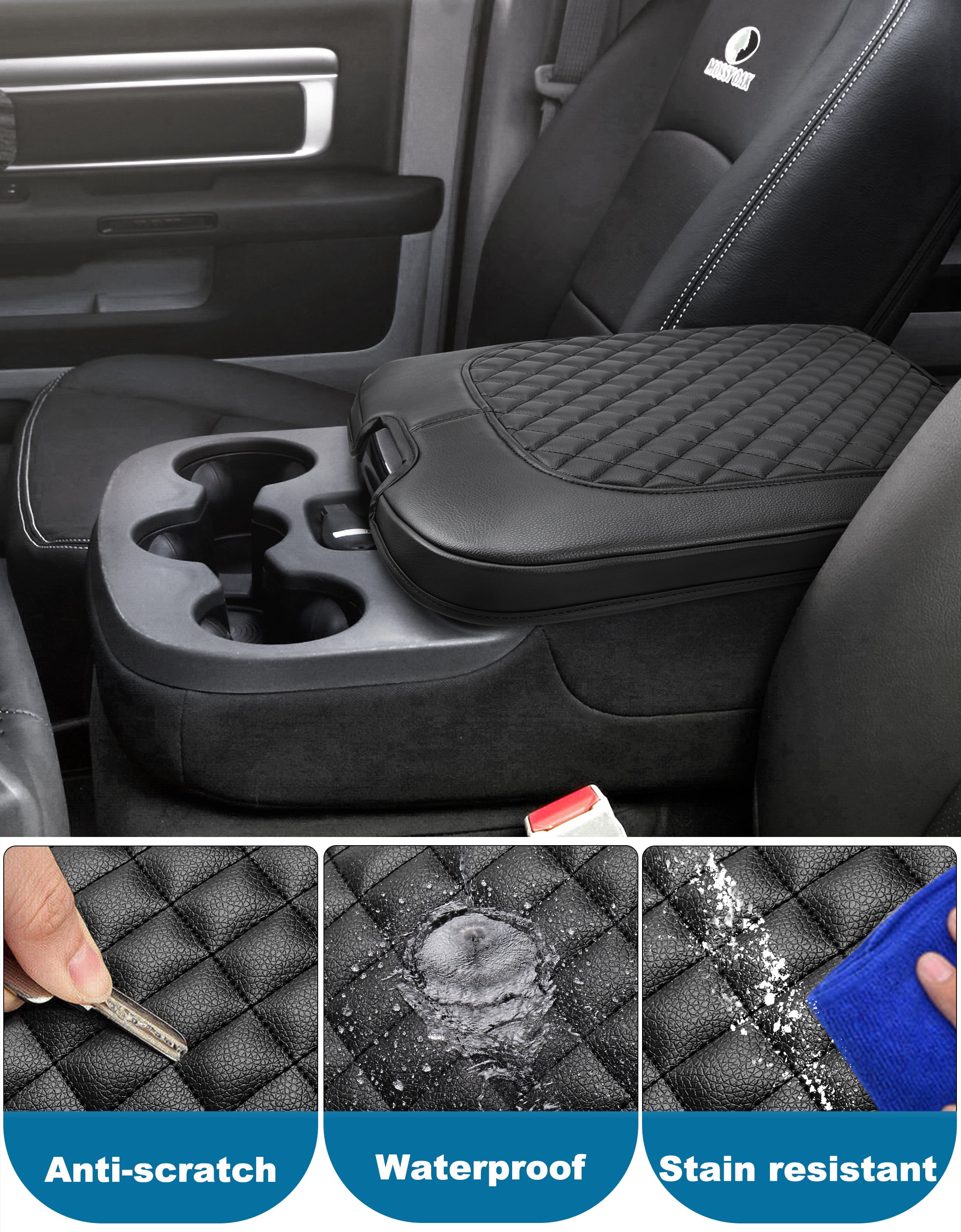KBH Center Console Cover for Dodge Ram 1500 2013-2018, Ram 2500/3500/1500 Classic Model 2013-2025, Black Leather Middle Console Armrest Cover for Truck Accessories Interiror