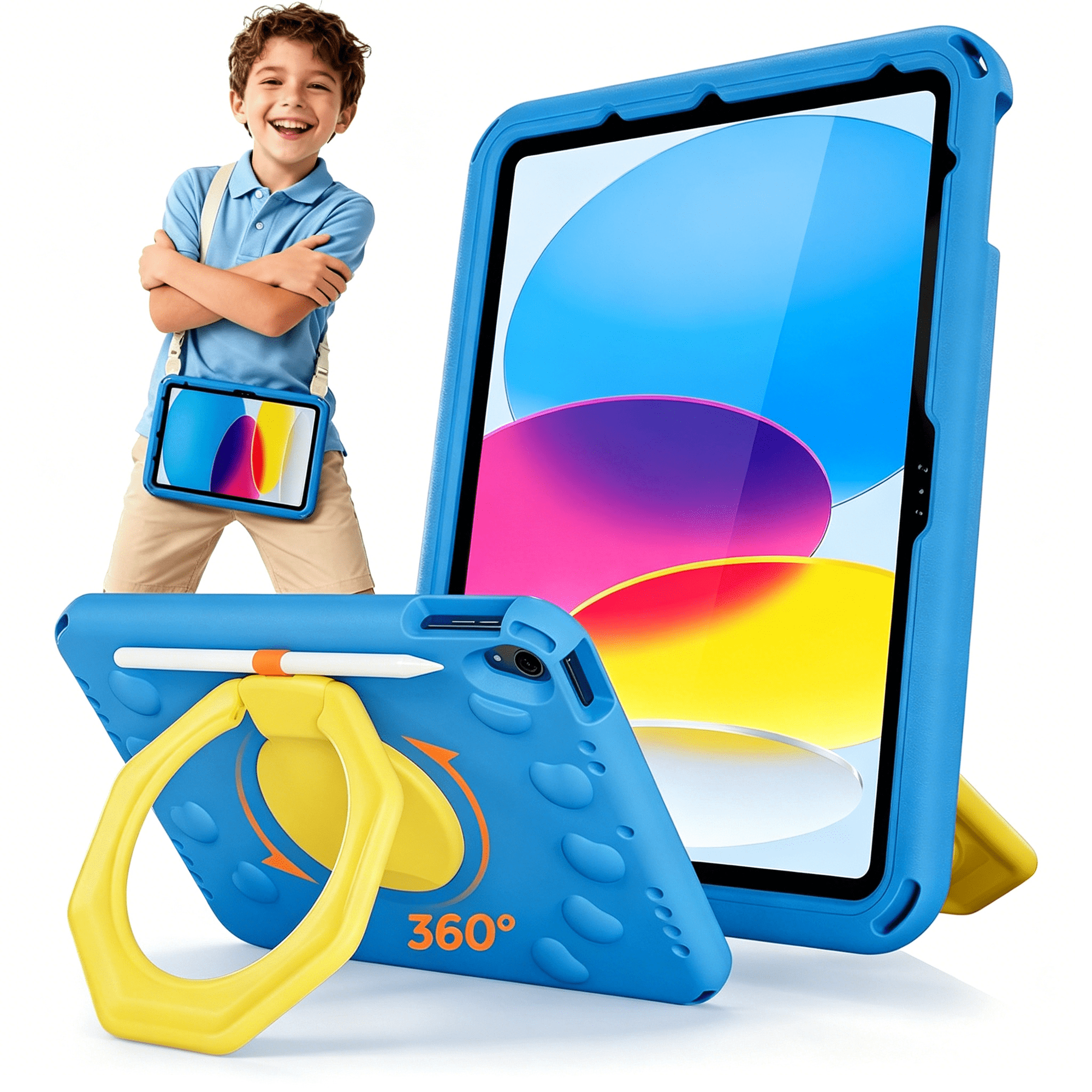 GJX Kids Case for Ipad A16 11Th Gen/Ipad 10Th Gen 10.9 Inch/Ipad Air 11 Inch M4 M3 M2/ Air 5Th/ Air 4Th, Shockproof Cover with Pencil Holder, Ring Stand Handle, Shoulder Strap -Blue & Yellow