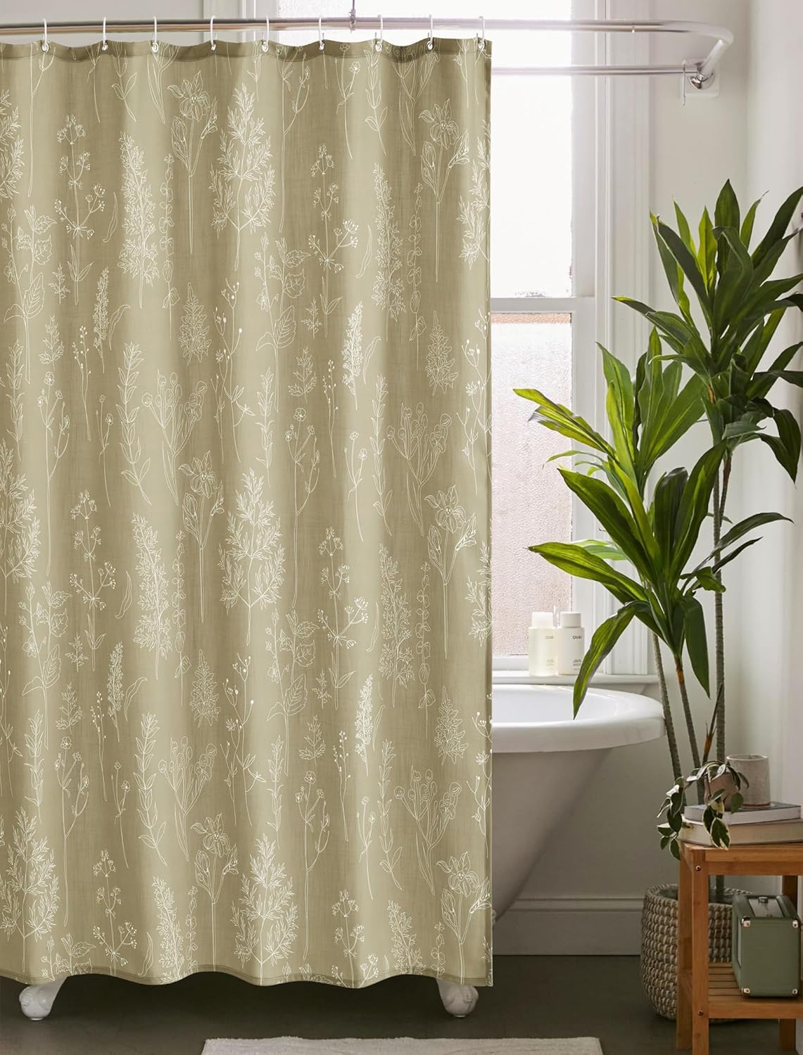 Vintage Botanical Linen Shower Curtain for Bathroom in Black and White, Heavy Duty 180GSM Textured Fabric Shower Curtain Set Cute Plant Leaves Design, Modern Farmhosue Boho Floral Bathroom Decor