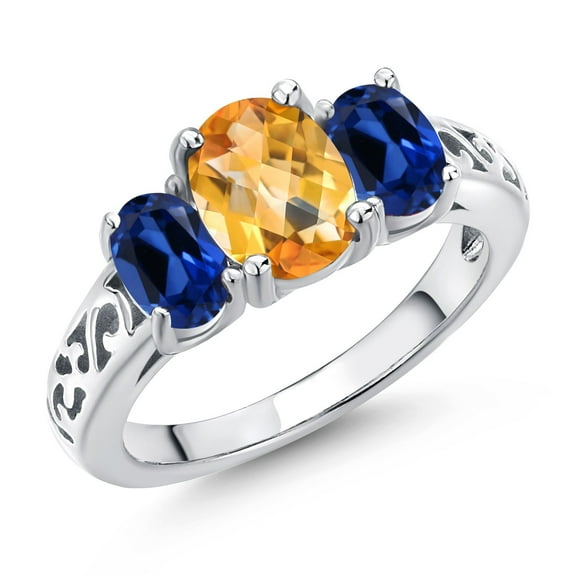 Gem Stone King 2.45 Cttw Yellow Citrine and Blue Created Sapphire Filigree Style 3 Stone Ring for Women | 925 Sterling Silver | Oval 8X6MM and 6X4MM (Size 8)