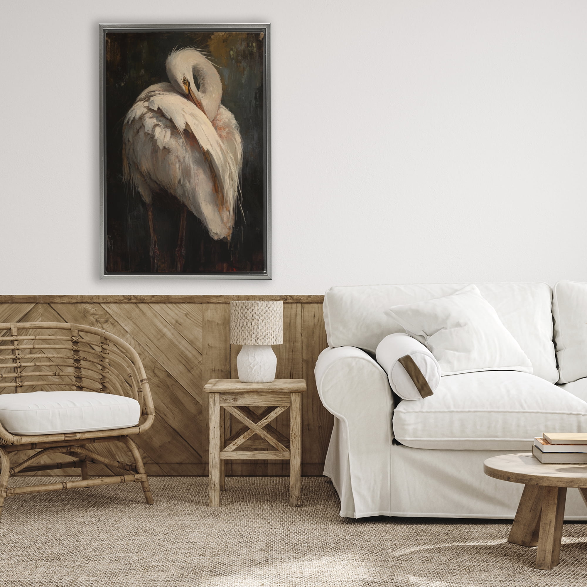 Stupell Industries Sleeping Egret in Golden Light Gray Framed Floater Canvas Wall Art, design by Petal Prints Design