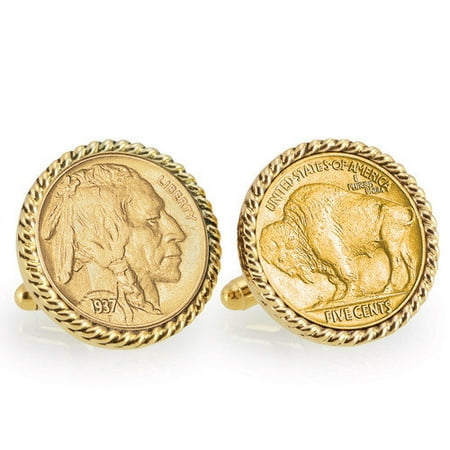 Gold-Layered Buffalo Nickel Goldtone Rope Bezel Coin Cuff Links