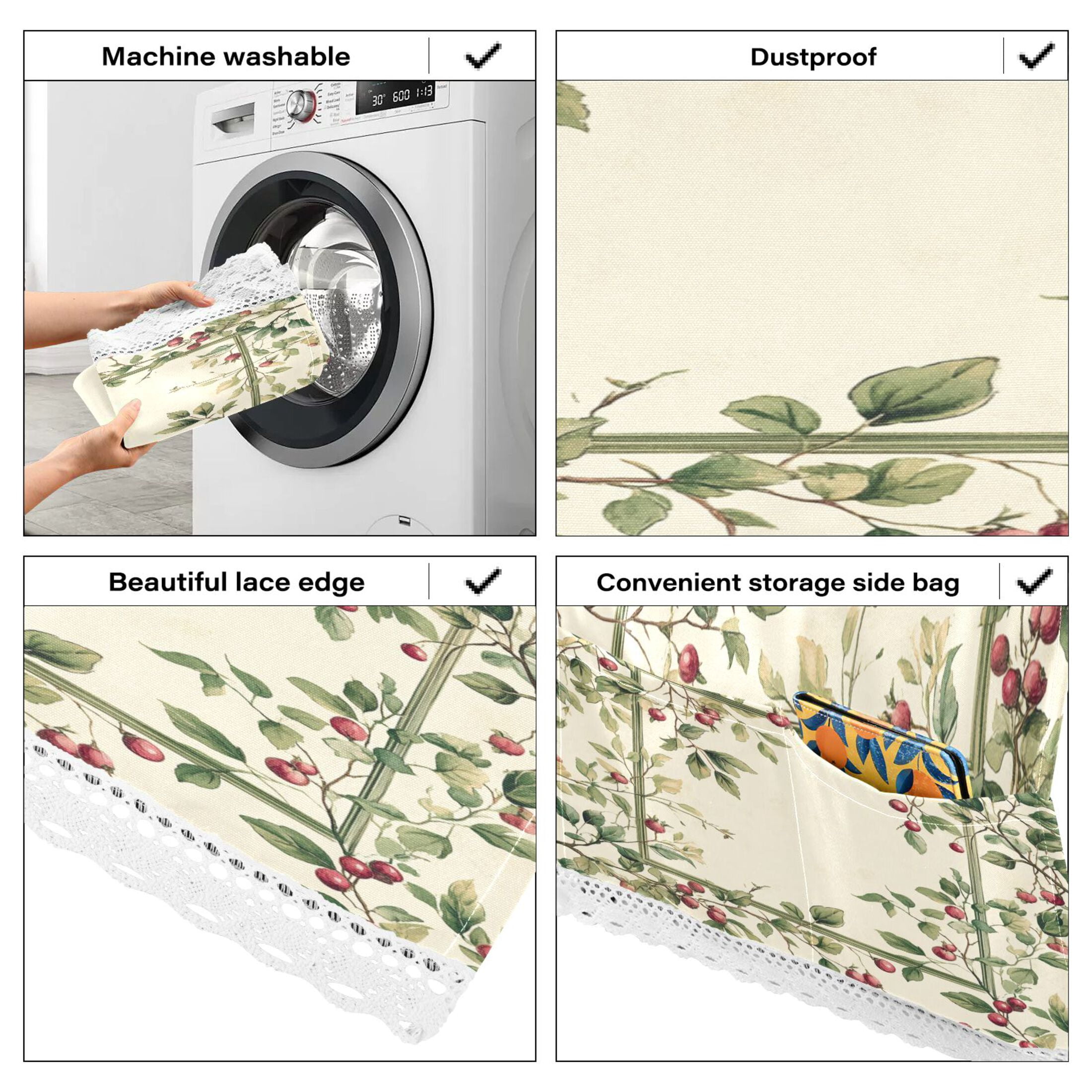 Red Fruit PatternWasher and Dryer Covers Dust-Proof and Oil Resistant Fridge Cover with 4 Storage Pockets Washing Machine Top Cover for Laundry Kitchen Home 51.2 x 22 In